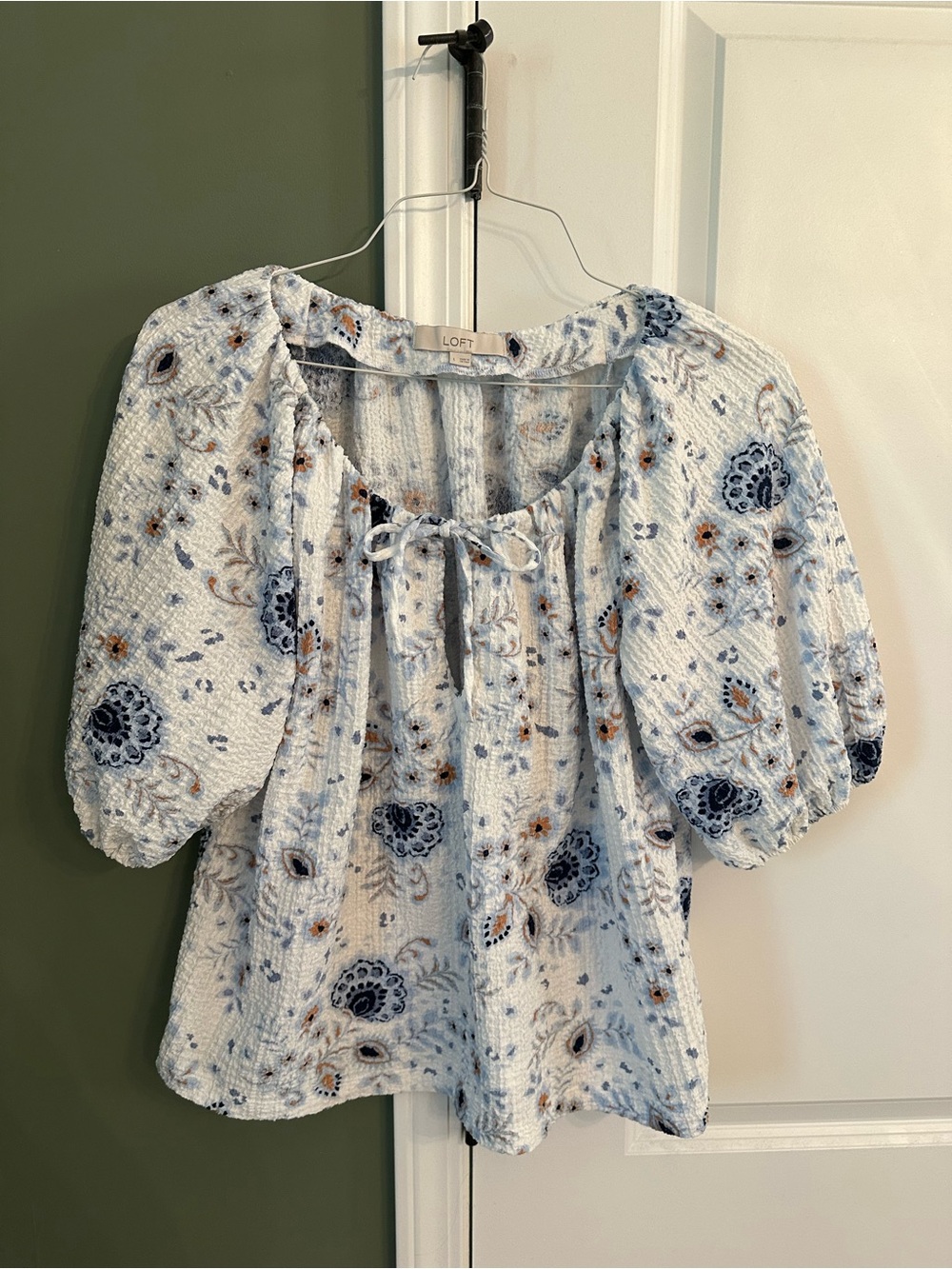 LOFT Light Blue Floral Smocked Puff Sleeve Peasant Blouse